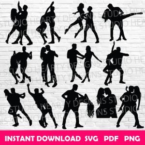 May include: Black silhouette images of couples dancing in various poses. The image includes the text "INSTANT DOWNLOAD SVG PDF PNG" in a pink rectangle. The background is a white brick wall.