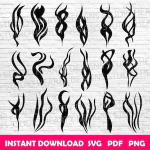 Puede incluir: Conjunto de 12 archivos de corte SVG de diseño de llama en blanco y negro. Los diseños son abstractos y estilizados, con una variedad de formas y curvas.