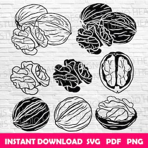 May include: A set of eight black and white illustrations of walnuts in various positions. The illustrations are in a simple, minimalist style and would be perfect for use in a variety of projects, such as scrapbooking, card making, or digital design.