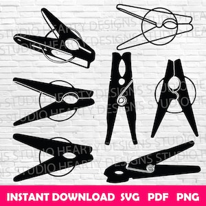 Puede incluir: Dibujos lineales en blanco y negro de varias pinzas de ropa en diferentes posiciones. La imagen incluye el texto "INSTANT DOWNLOAD SVG PDF PNG" en la parte inferior. Las pinzas se muestran abiertas, cerradas y desde diferentes ángulos.