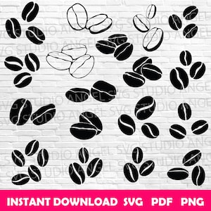 Puede incluir: Un conjunto de 12 archivos de corte SVG de granos de café en blanco y negro. Los granos de café están en varias posiciones y tamaños. Los archivos son perfectos para crear manualidades con temática de café, como camisetas, tazas y decoración del hogar.