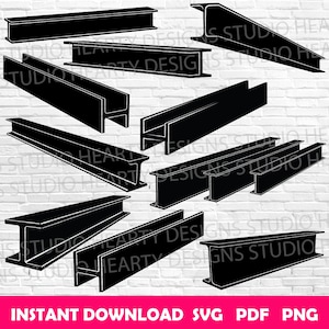 May include: Black steel beam silhouettes in various shapes, including I-beams and angled beams. The image features multiple illustrations of construction elements. Text at the bottom reads "INSTANT DOWNLOAD SVG PDF PNG".