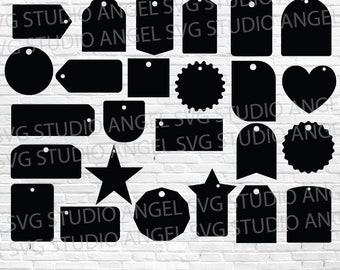 May include: A set of 16 black and white printable gift tags in various shapes, including circles, stars, hearts, and rectangles. The tags have a hole at the top for string or ribbon.