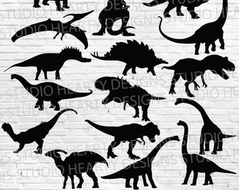 May include: A set of 12 black silhouette dinosaur SVG cut files. The dinosaurs include a stegosaurus, brachiosaurus, triceratops, tyrannosaurus rex, and more.