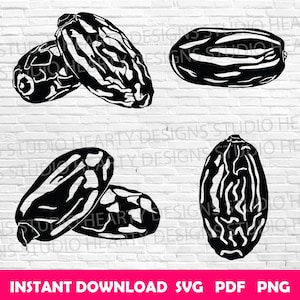 Puede incluir: Gráfico en blanco y negro de varias dátiles, un tipo de fruta seca, en varias disposiciones. La imagen incluye el texto "INSTANT DOWNLOAD SVG PDF PNG". Los dátiles se representan con texturas y formas detalladas.