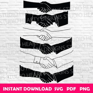 May include: A collection of six black and white handshake illustrations. The images vary in style, some solid and others outlined. The bottom of the image has the text "INSTANT DOWNLOAD SVG PDF PNG" in a pink rectangle.