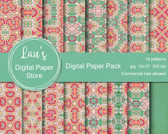 Mint en roze abstract ontwerp digitaal papierpakket, naadloos herhalende patronen, decoratief papier, digitale achtergrond, commercieel gebruik