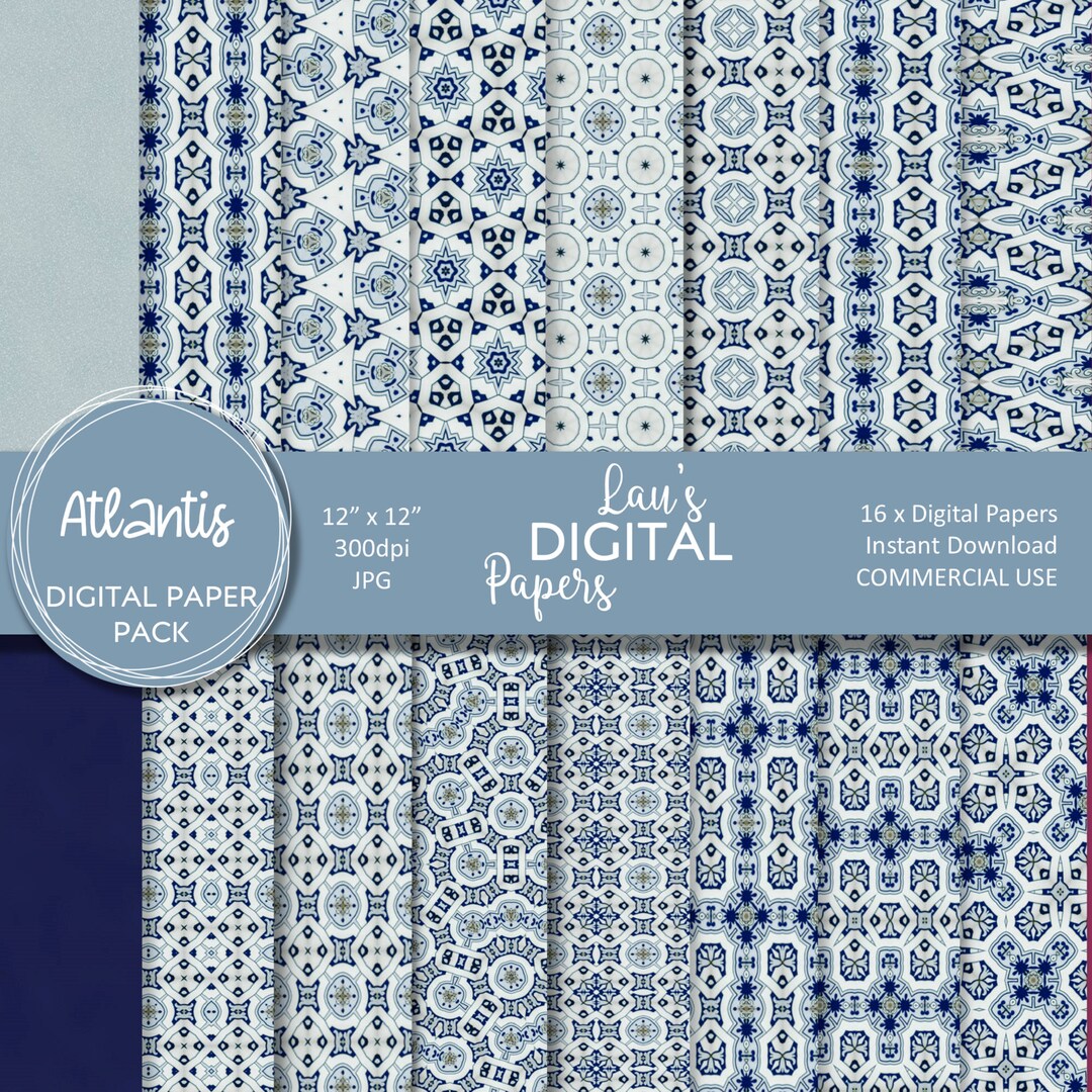 Digital Paper Pack, Atlantis, Blue and Gray, Scrapbooking Paper, POD