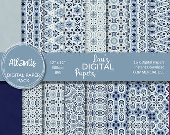 Digitaal papierpakket, Atlantis, blauw en grijs, scrapbookingpapier, POD digitaal ontwerp, decoratief papier, decoupagepapier, commercieel gebruik