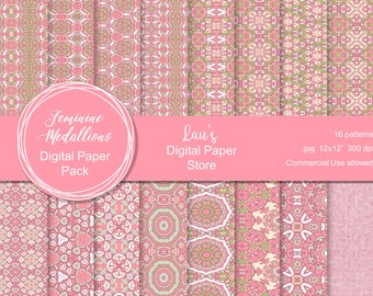 Digitaal papierpakket, naadloze herhaling, medaillonpatroon, roze en groen, decoratief papier, scrapbooking, decoupagepapier, geweven papier,