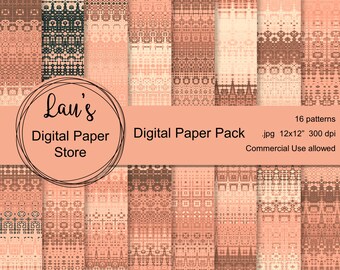Digitaal papierpakket, Decoratief papier, Digitale achtergrond, Decoupagepapier, Perzik en zwart kant, Oosters ontwerp, Stoffenmotief, Commercieel gebruik