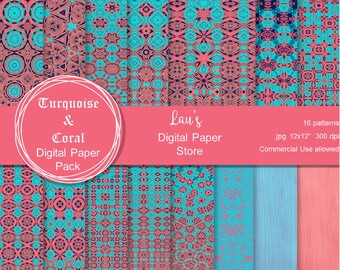 Digitaal papierpakket, Decoratief papier, Digitale achtergrond, Digitaal behang, Digitale ontwerpen, Commercieel gebruik, Caleidoscoop turkoois en koraal