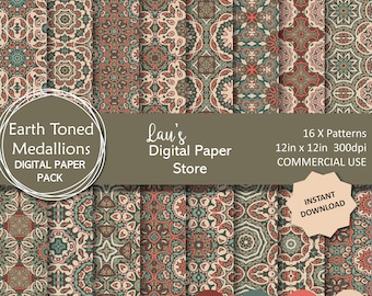 Digitaal papierpakket, naadloze herhaling, roze en kastanjebruine medaillons, digitaal POD-ontwerp, decoratief papier, decoupagepapier, commercieel gebruik