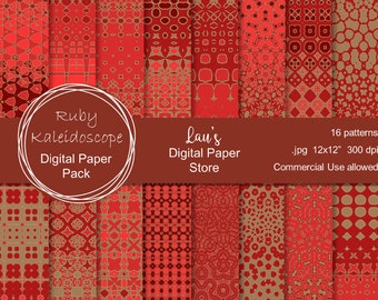 Digitaal papierpakket, rode oosterse caleidoscoop, decoratief papier, decoupagepapier, scrapbooking, digitale achtergrond, commercieel gebruik toegestaan