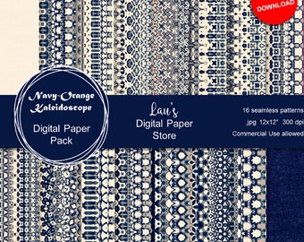 Marineblauw en oranje caleidoscoop digitaal papierpakket – 16 naadloze achtergronden – commercieel gebruik, POD-vriendelijk