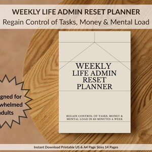 Puede incluir: Un planificador de reinicio semanal de administración de la vida de color beige con el texto "Recupera el control de las tareas, el dinero y la carga mental". Diseñado para adultos abrumados, contiene 14 páginas.