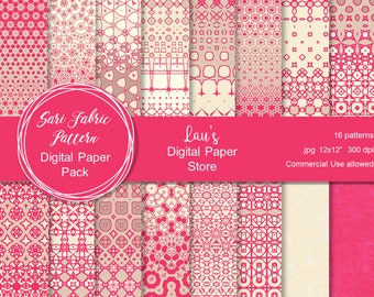 Digital Paper Pack, Indian Sari Motif, Kaleidoscope Design, Pink Sari Fabric Design,  Digital Background, Decorative Paper, Commercial Use,