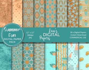Digitaal papierpakket, turkoois en oranje strandtafereel, zomerpret, digitale achtergronden, decoratief papier, scrapbooking, knutselpapier