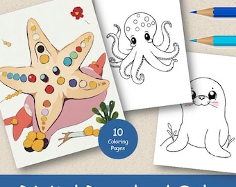 Dibujos para colorear de criaturas marinas para niños pequeños, preescolares, libros para colorear para niños pequeños, páginas para colorear sencillas, imprimibles para educación en casa y jardín de infantes.