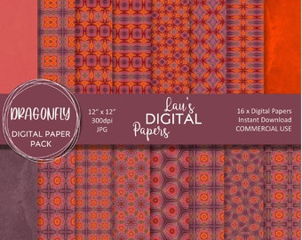 Digitaal papierpakket, naadloze herhalende patronen, direct downloaden, decoratieve patronen, commercieel gebruik, paarse en koraal geometrische patronen
