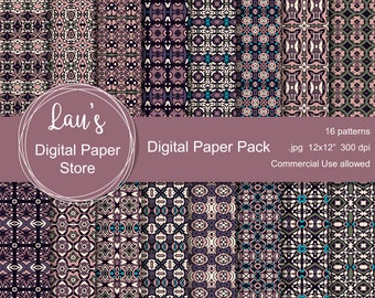 Digitaal Papierpakket, Paars Tribal Design, Mexicaans Design, Azteekse Kunst, Commercieel Gebruik, Digitale Achtergrond, Instant Download, Afdrukbaar papier