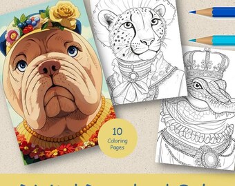 10 kleurplaten dierenportretten – digitale download in grijstinten voor volwassenen – pdf-serie1