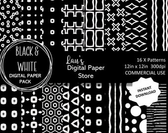 Digitaal papierpakket, zwart-witte geometrische patronen, decoratief papier, decoupagepapier, scrapbooking, digitale achtergrond, commercieel gebruik