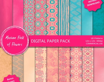 Roze en blauwe bloemen en gebladerte digitaal papierpakket, medaillonontwerp, aquarel achtergrond, ambachtelijk papier, scrapbookingpapier, commercieel gebruik