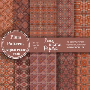 May include: A digital paper pack featuring ten 12x12 inch patterned designs in shades of plum and brick red. The patterns include geometric and brick-like textures, suitable for various digital projects. The pack is labeled "Plum Patterns" and "Lau's Digital Papers."