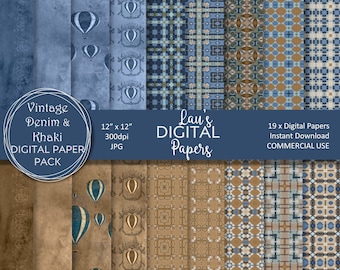 Digitaal papierpakket, denim & kaki, heteluchtballon, vintage, grunge achtergrond, betegeld ontwerp, aquarelpapier, commercieel gebruik toegestaan