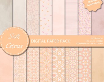 Digitaal papierpakket, citruskleuren, pastelkleuren, bloemmotieven, vrouwelijk papierpakket, aquarelachtergronden, decoratief papier, commercieel gebruik