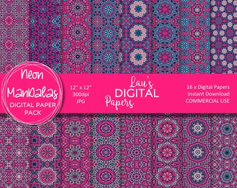 Digitaal papierpakket, roze bloemenpatroon medaillon, mandala-ontwerp, commercieel gebruik toegestaan voor notitieboekje en planneromslagen