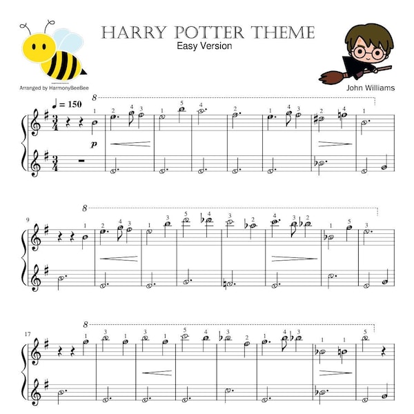 Hedwig. Theme. Piano Sheet Music + Midi (with note names & finger numbers)