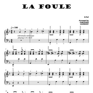Partituras para piano La Foule com nomes de notas