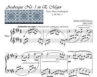 Arabesque No. 1 E Major Debussy Piano Sheet Music Romantic with Note Names, Finger Numbers, Meanings, Self-learning  Easy Piano, Recital