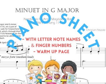 Minuet in G Major - JS Bach Piano Sheet Music with note names, finger numbers & FREE warm up page
