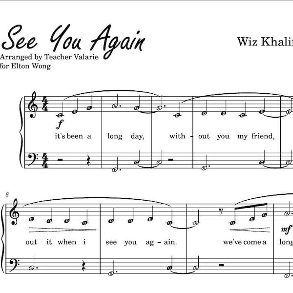 See You Again (Grade 1) Fast and Furious OST Easy for Kids Piano Sheet Music