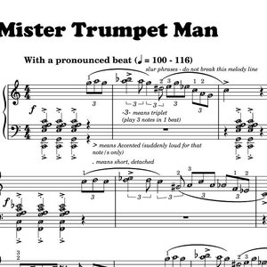 Puede incluir: Partitura de "Mister Trumpet Man" de William Gillock, editada por VALARIE. La partitura en blanco y negro presenta claves de sol y de fa, con notas, silencios e indicaciones dinámicas. El tempo está indicado en 100-116 pulsaciones por minuto.