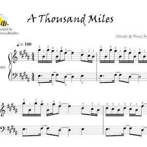 A Thousand Miles Vanessa Carlton Piano Sheet Music with note names, finger numbers & lyrics