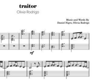 Traitor - Olivia Rodrigo Piano Sheet Self Learning Series Pop Song with note names Grade 5