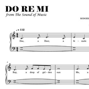 Puede incluir: Partitura de la canción "Do-Re-Mi" del musical "Sonrisas y lágrimas". La música está escrita en notación estándar con letras para cada nota. El título de la canción está escrito en letras grandes y negritas en la parte superior de la página. El nombre del compositor, "Rodgers & Hammerstein", está escrito debajo del título. La música está organizada por "Harmony Centre".