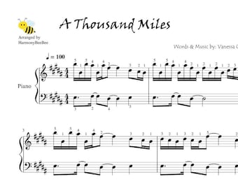 A Thousand Miles Vanessa Carlton Piano Sheet Music with note names, finger numbers & lyrics