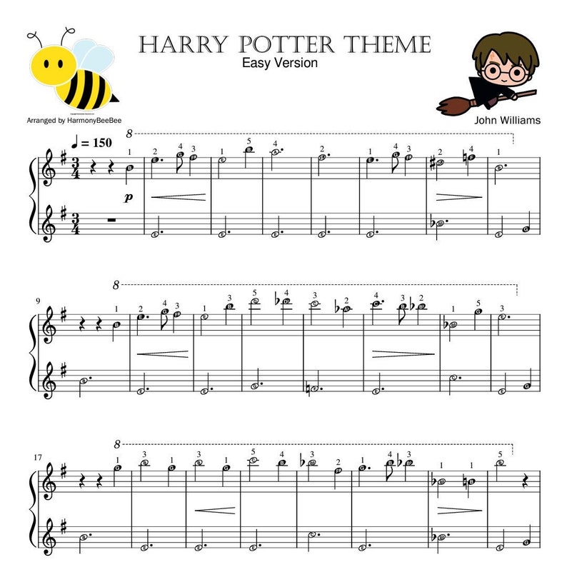 Hedwig. Theme. Piano Sheet Music Midi with note names & finger numbers image 1