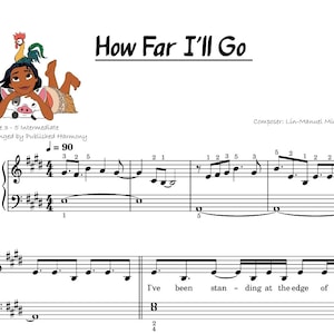 M04NA How Far I&#39;ll Go EASY Piano Sheet Music Intermediate with note names, finger numbers, lyrics