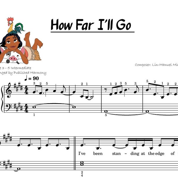 MOANA How Far I'll Go EASY Piano Sheet Music Intermediate with note names, finger numbers, lyrics