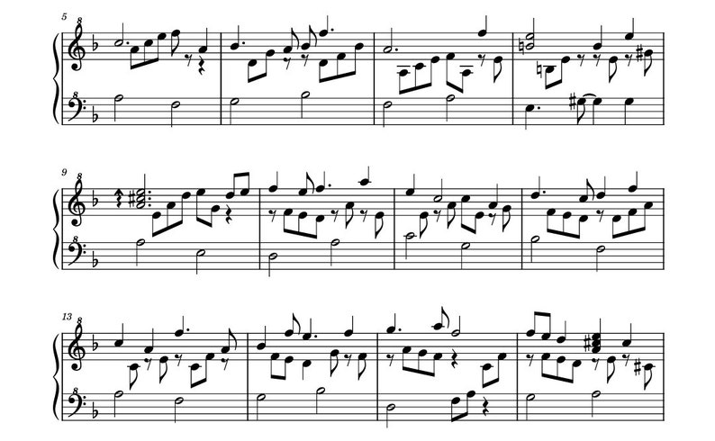 May include: A sheet music score for a piano piece. The music is written in treble clef and includes notes, rests, and sharps. The score is divided into three sections, each with its own set of measures.