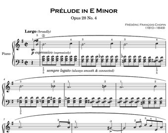 Prelude in E minor - Chopin with note names, finger number guides and meanings
