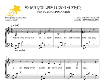 When You Wish Up0n A Star - PlN0CCHI0 Easy Piano Sheet with note names Grade 1 - 2