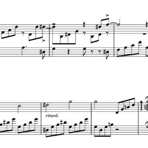 May include: A sheet of music with musical notation for a piano piece. The music includes notes, sharps, flats, and a ritardando marking.