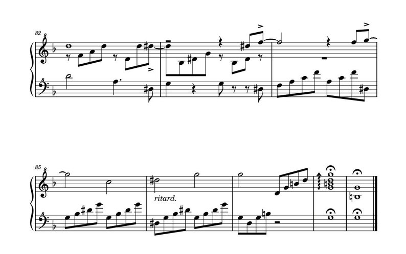 May include: A sheet of music with musical notation for a piano piece. The music includes notes, sharps, flats, and a ritardando marking.